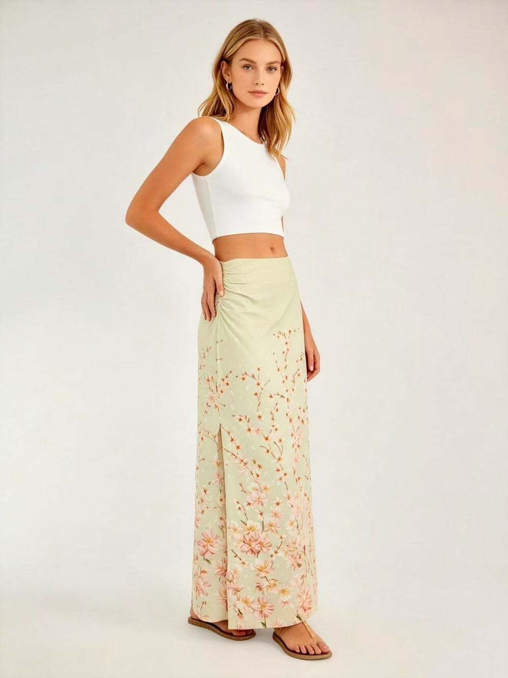 NWOT Farm Rio Linen Blend Floral Maxi Skirt Side Slit Ruched Detail Size L